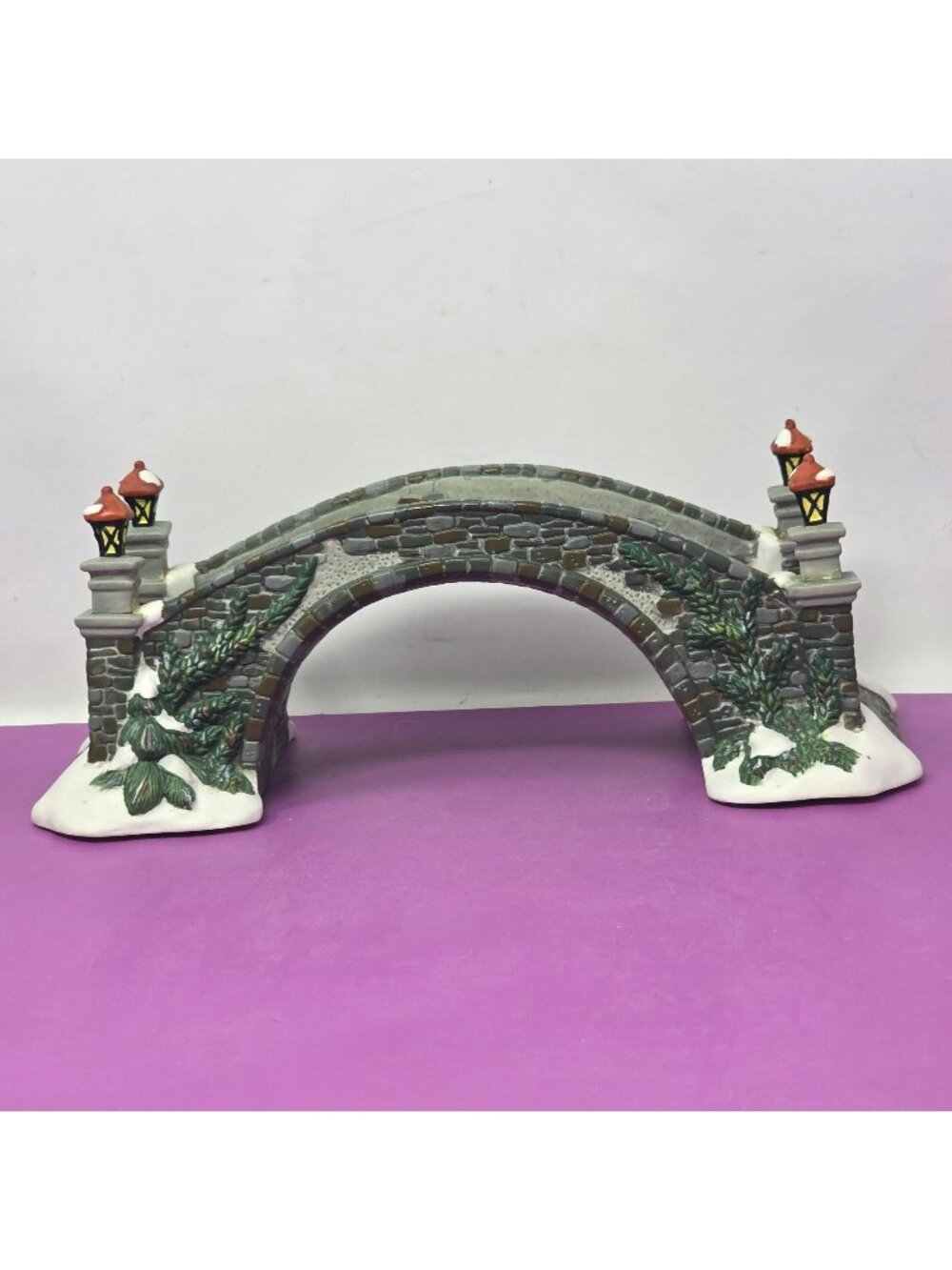 Vintage Snowy Village Bridge Figurine With Lamp Posts Winter Decor Holiday Time